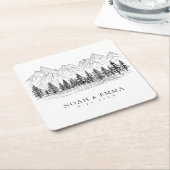 素朴マウンテンスケッチウッドランドパイン結婚ズ スクエアペーパーコースター (アングル)