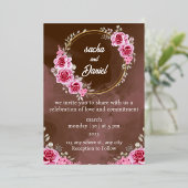 素朴マルーン冬の結婚式フローラフォイルの招待 箔招待状 (立ち正面)