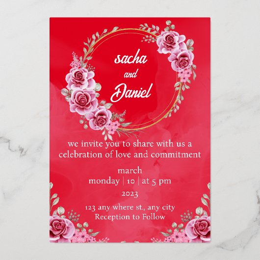 素朴マルーン冬の結婚式フローラフォイルの招待 箔招待状 (正面)