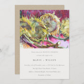 素朴ミニマルピンク黄ひまわり結婚の 招待状 (正面/裏面)