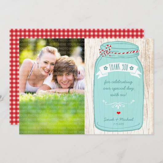 素朴メイスンの図解入りの、写真付きの結婚瓶 招待状 (正面/裏面)