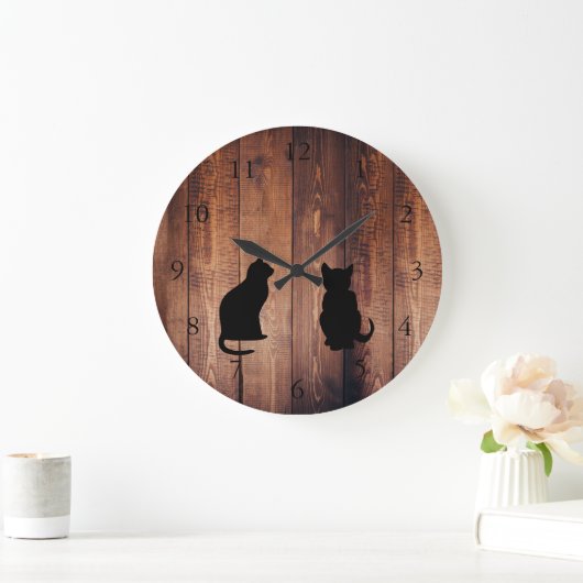 素朴モダンなダークウッドの猫のシルエット ラージ壁時計 (ホーム)