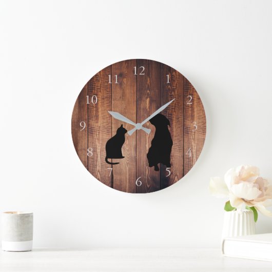 素朴モダンな暗黒の木に猫の犬のシルエット ラージ壁時計 (ホーム)
