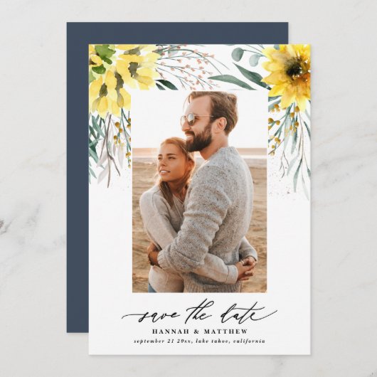 素朴モダンな植物ユーカリひまわり写真 セーブザデート (正面/裏面)