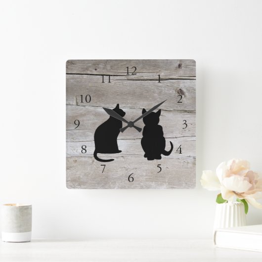 素朴モダンな納屋の木の猫のシルエット スクエア壁時計 (ホーム)