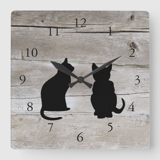 素朴モダンな納屋の木の猫のシルエット スクエア壁時計 (正面)