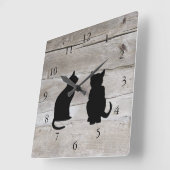 素朴モダンな納屋の木の猫のシルエット スクエア壁時計 (傾斜)