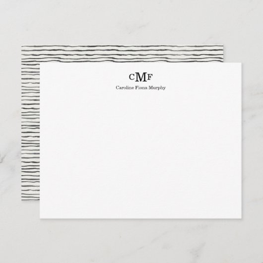 素朴モダンエレガント3モノグラム黒ストライプ ノートカード (正面/裏面)