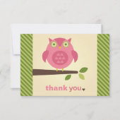 素朴モダンピンクフクロウオンツリーブランチ サンキューカード (正面)