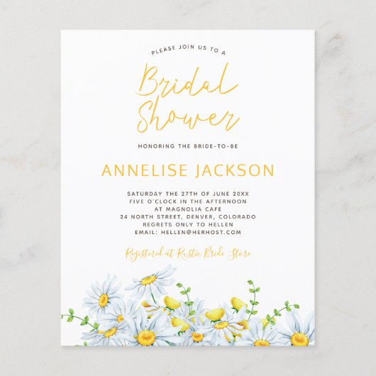 素朴モダンフローラ予算ブライダルシャワー招待状 (正面)