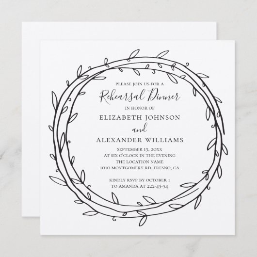 素朴モダンリース国のリハーサルディナー 招待状 (正面/裏面)