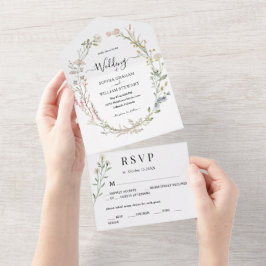 素朴モダン水の色の野シンプル花結婚の オールインワン招待状