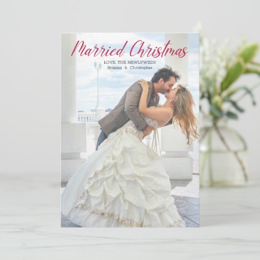 素朴モダン結婚したクリスマス新婚写真ホ シーズンカード (スタンド正面)