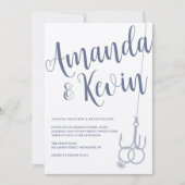 素朴モダン魚釣りフッ結婚クリングや輪クラフトブルー 招待状 (正面)