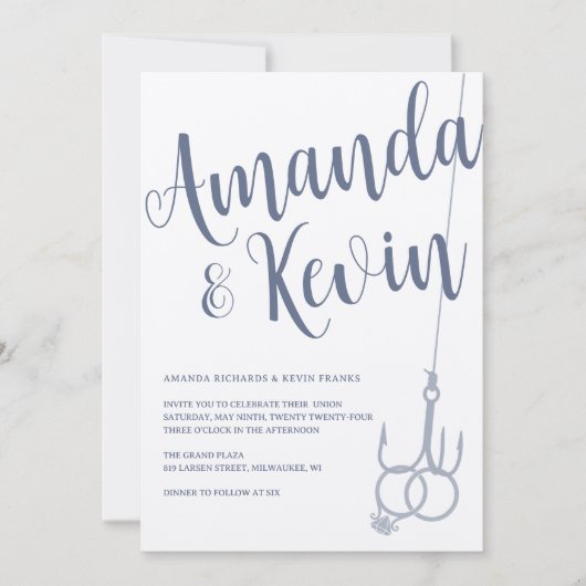 素朴モダン魚釣りフッ結婚クリングや輪クラフトブルー 招待状 (正面)