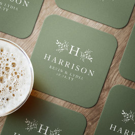 素朴モノグラムセージシンプルグリーン結婚クラシック ラウンドペーパーコースター