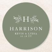 素朴モノグラムセージシンプルグリーン結婚クラシック ラウンドペーパーコースター (正面)