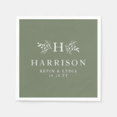 素朴モノグラム結婚セージパーソナライズされたグリーン スタンダードカクテルナプキン (正面)