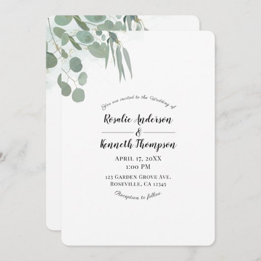 素朴ユーカリミニマルシッ結婚ク・グリーナリー 招待状 (正面/裏面)