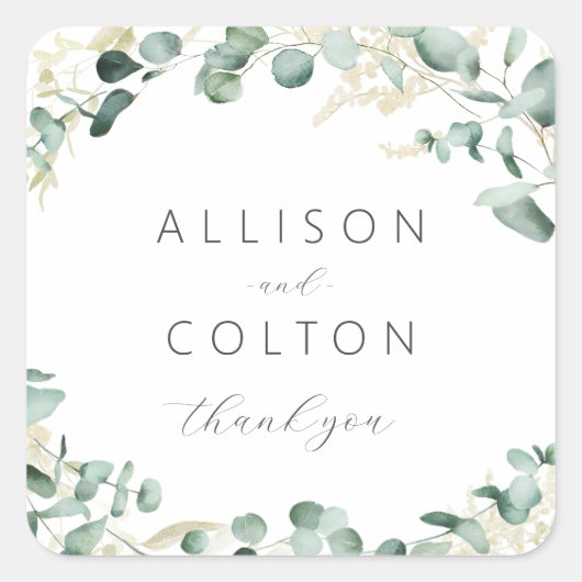 素朴ユーカリ緑のボホ結婚式の引き出物 スクエアシール (正面)