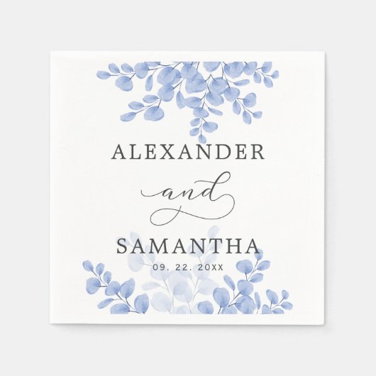 素朴ユーカリ葉スブルーボタニッ結婚クス スタンダードカクテルナプキン (正面)