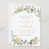 素朴ユーカリ金ゴールドグリーンリー結婚ボホ 招待状 (正面)