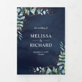 素朴ユーカリ金ゴールドネイビーブルーQRコー結婚ド 三つ折り招待状 (カバー)