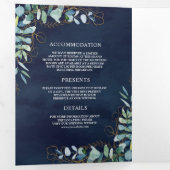 素朴ユーカリ金ゴールドネイビーブルーQRコー結婚ド 三つ折り招待状 (内部最初)