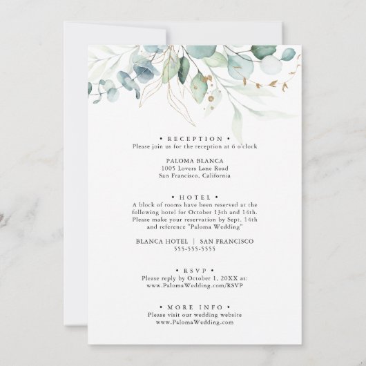 素朴ユーカリ金ゴールドバック&フロント結婚ズ 招待状 (裏面)