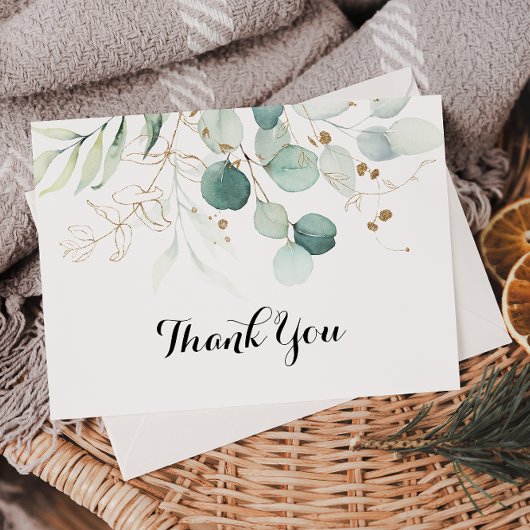 素朴ユーカリ金ゴールドフローラフラ結婚ット サンキューカード