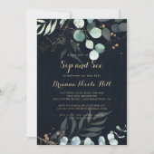 素朴ユーカリ金ゴールドフローラブルーsipと参照 招待状 (正面)