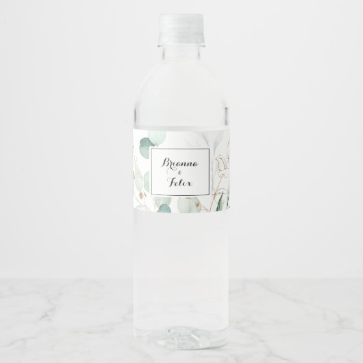 素朴ユーカリ金ゴールドフローラ書結婚の ペットボトルラベル (正面)