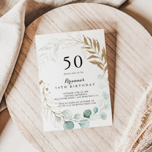 素朴ユーカリ金ゴールドフローラ50thバースデーパーティー 招待状