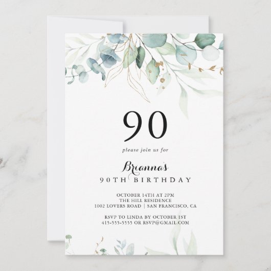 素朴ユーカリ金ゴールドフローラ90thバースデーパーティー 招待状 (正面)