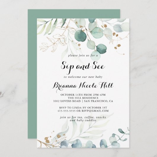 素朴ユーカリ金ゴールドフローラsipと参照 招待状 (正面/裏面)