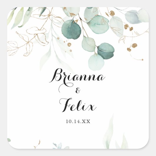 素朴ユーカリ金ゴールド結婚封筒用シール スクエアシール (正面)