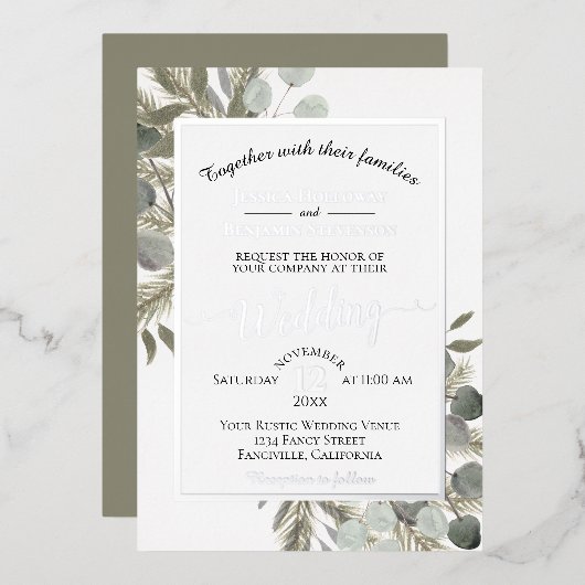 素朴ユーカリ&パインエレガントシルバー結婚ズ 箔招待状 (正面/裏面)