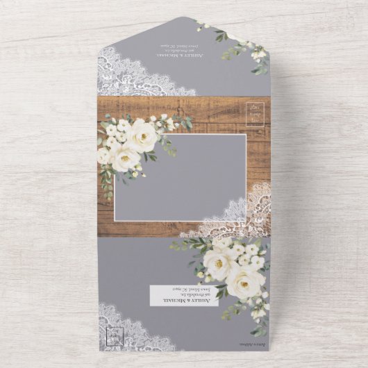 素朴ライトグレーホワイトフローラ結婚ウッド オールインワン招待状 (外側)