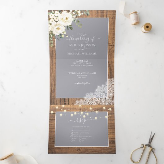 素朴ライトグレー白フローラウッドフォト結婚ズ 三つ折り招待状 (内部)