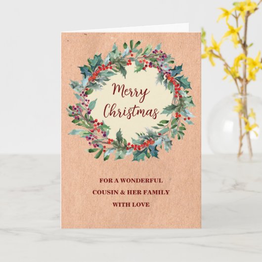 素朴リースいとこと家族のクリスマス カード (黄色い花)