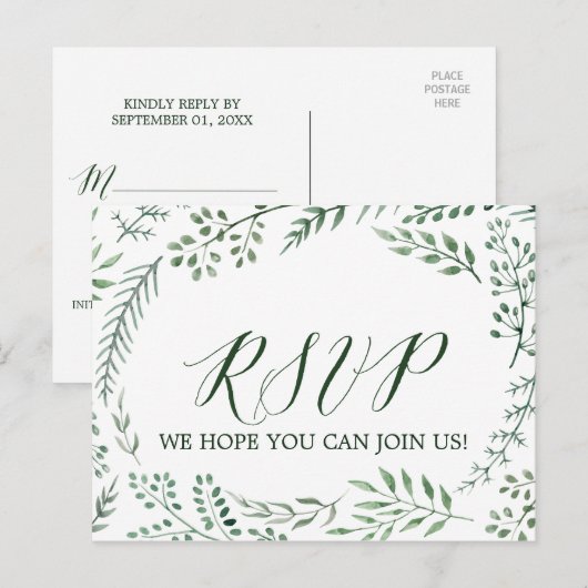 素朴リースと緑の葉メニュー選択RSVP インビテーションポストカード (正面/裏面)