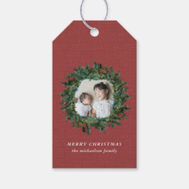 素朴リースと赤いバフェイクラップ写真クリスマス ギフトタグ