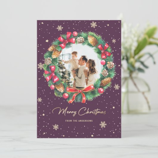素朴リース紫金ゴールド写真クリスマス シーズンカード (スタンド正面)