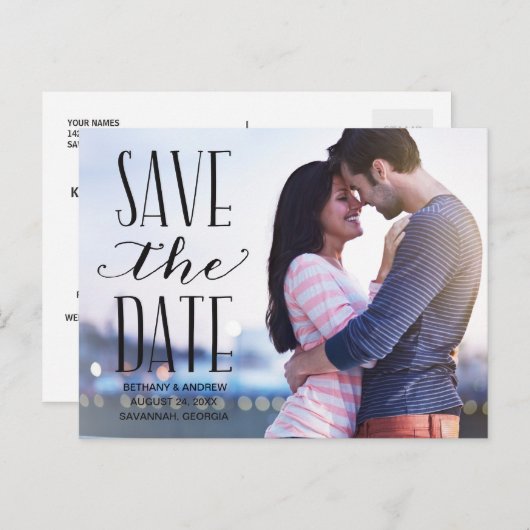 素朴レタリングオーバーレイ写真の保存日付 案内ポストカード (正面/裏面)