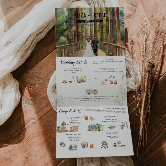 素朴レッドウッド結婚フォレスト 三つ折り招待状