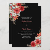 素朴レッドエレガントローゼス秋ブラック結婚ズ 招待状 (正面/裏面)