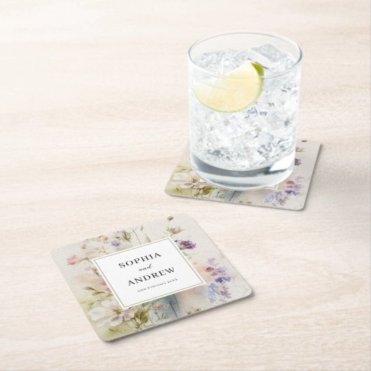 素朴レトロ水彩野結婚花 スクエアペーパーコースター
