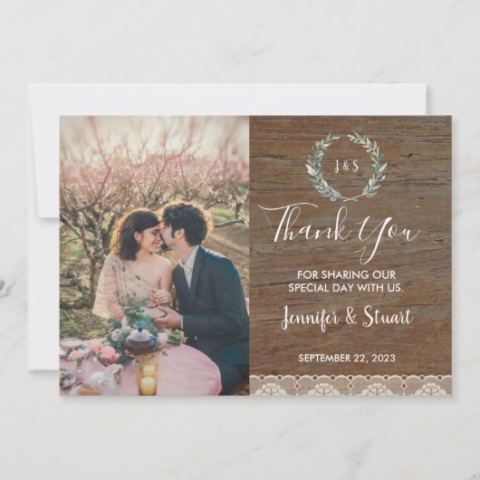 素朴レースモノグラ結婚ム写真サンキューカード (正面)