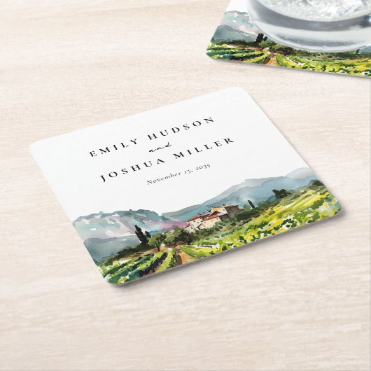 素朴ワイナリー横結婚面図 スクエアペーパーコースター (アングル)