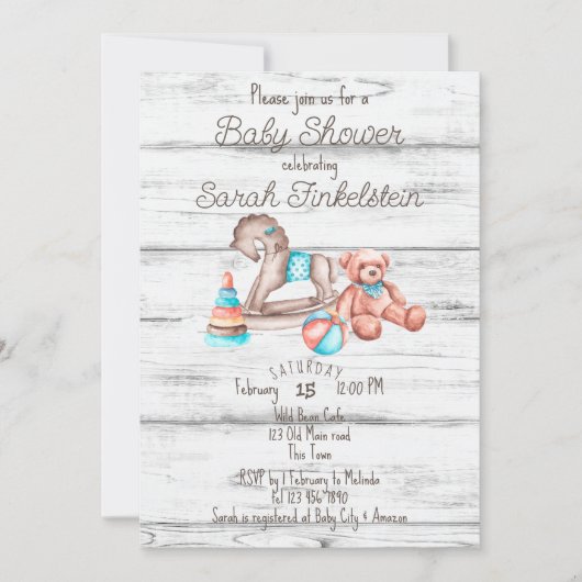 素朴ヴィンテージおもちゃ白木の赤ちゃんシャワー 招待状 (正面)